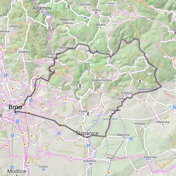 Mapa miniatúra "Okružná cesta cez Hády a Kalečník" cyklistická inšpirácia v Jihovýchod, Czech Republic. Vygenerované cyklistickým plánovačom trás Tarmacs.app