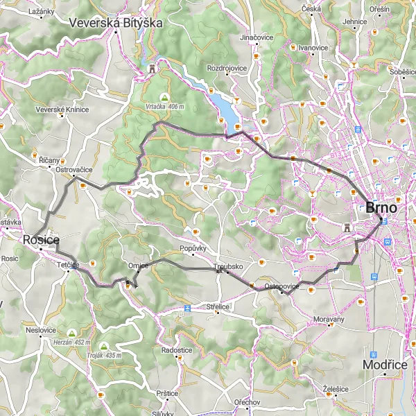 Miniaturní mapa "Challenging Road Loop" inspirace pro cyklisty v oblasti Jihovýchod, Czech Republic. Vytvořeno pomocí plánovače tras Tarmacs.app