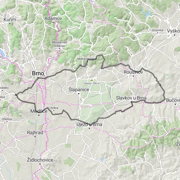 Mapa miniatúra "Kruhová trasa okolo Brna - Východ" cyklistická inšpirácia v Jihovýchod, Czech Republic. Vygenerované cyklistickým plánovačom trás Tarmacs.app