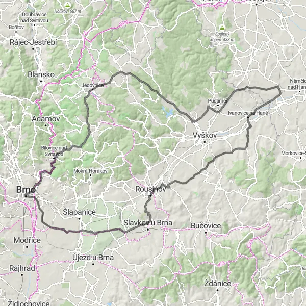 Miniaturní mapa "Cyklotrasa přes Hády a Brno-město" inspirace pro cyklisty v oblasti Jihovýchod, Czech Republic. Vytvořeno pomocí plánovače tras Tarmacs.app