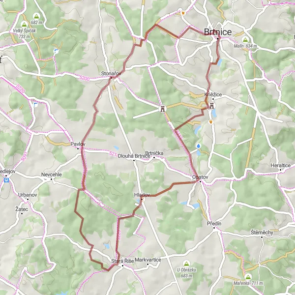 Miniaturní mapa "Gravelový okruh přes Hladov a Zámek Brtnice" inspirace pro cyklisty v oblasti Jihovýchod, Czech Republic. Vytvořeno pomocí plánovače tras Tarmacs.app