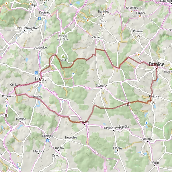 Miniaturní mapa "Gravelová cyklotrasa okolo Brtnice" inspirace pro cyklisty v oblasti Jihovýchod, Czech Republic. Vytvořeno pomocí plánovače tras Tarmacs.app