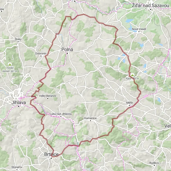 Mapa miniatúra "Okruh na štěrkovém povrchu z Brtnice" cyklistická inšpirácia v Jihovýchod, Czech Republic. Vygenerované cyklistickým plánovačom trás Tarmacs.app