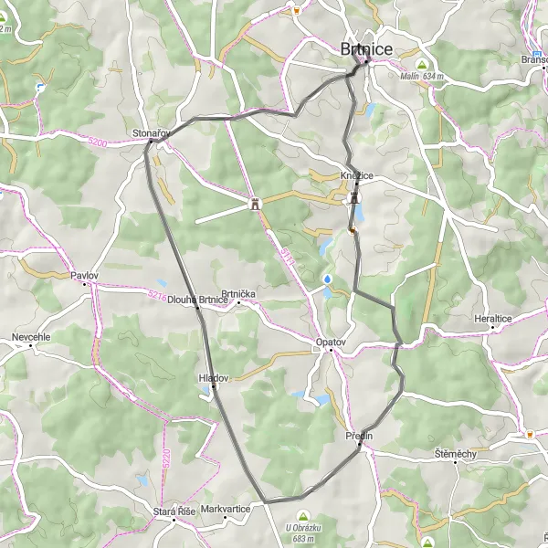 Karten-Miniaturansicht der Radinspiration "Straßenradtour durch die Landschaft" in Jihovýchod, Czech Republic. Erstellt vom Tarmacs.app-Routenplaner für Radtouren