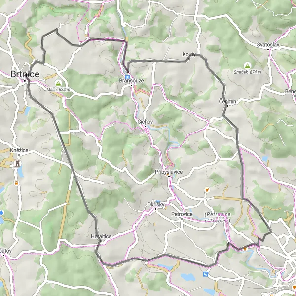 Map miniature of "Brtnice Road Route" cycling inspiration in Jihovýchod, Czech Republic. Generated by Tarmacs.app cycling route planner