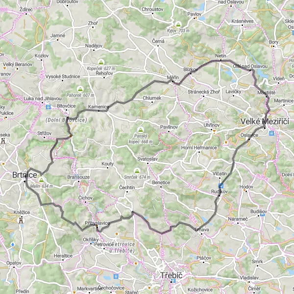Miniaturní mapa "Vysočinou kolem Brtnice" inspirace pro cyklisty v oblasti Jihovýchod, Czech Republic. Vytvořeno pomocí plánovače tras Tarmacs.app
