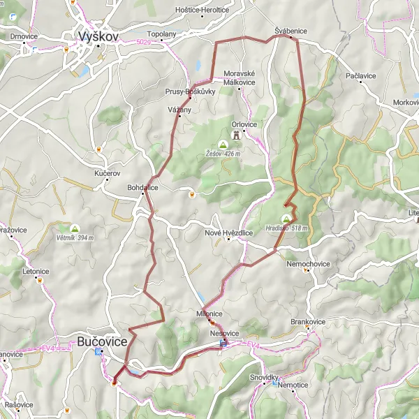 Miniatura mapy "Trasa Gravel 50 km: Bučovice - Černčín - Hradisko" - trasy rowerowej w Jihovýchod, Czech Republic. Wygenerowane przez planer tras rowerowych Tarmacs.app