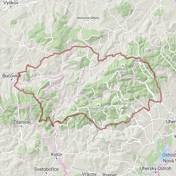 Mapa miniatúra "Gravelovaná cyklostezka okolo Bučovic" cyklistická inšpirácia v Jihovýchod, Czech Republic. Vygenerované cyklistickým plánovačom trás Tarmacs.app