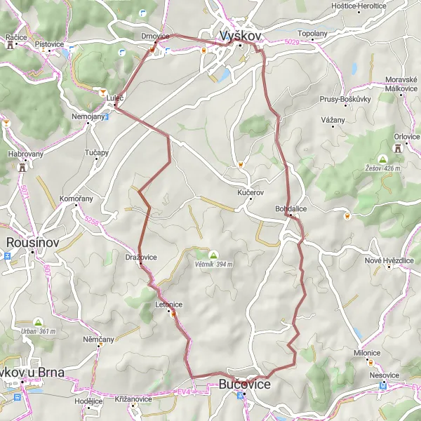 Miniaturní mapa "Kolem Dražovic a Drnoviec" inspirace pro cyklisty v oblasti Jihovýchod, Czech Republic. Vytvořeno pomocí plánovače tras Tarmacs.app