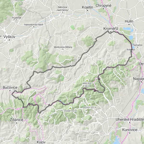 Karten-Miniaturansicht der Radinspiration "Historische Radtour um Kvasice" in Jihovýchod, Czech Republic. Erstellt vom Tarmacs.app-Routenplaner für Radtouren