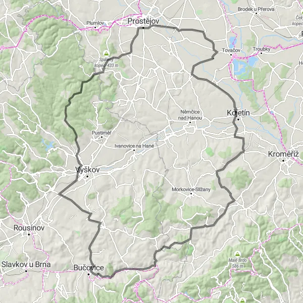 Miniatura mapy "Trasa przez Stříbrná i Kralice na Hané" - trasy rowerowej w Jihovýchod, Czech Republic. Wygenerowane przez planer tras rowerowych Tarmacs.app