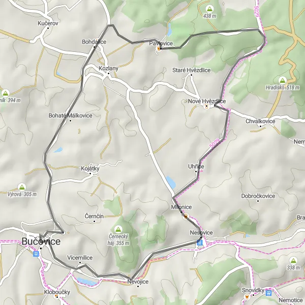 Map miniature of "Scenic Road Cycling Adventure: Bučovice and Beyond" cycling inspiration in Jihovýchod, Czech Republic. Generated by Tarmacs.app cycling route planner