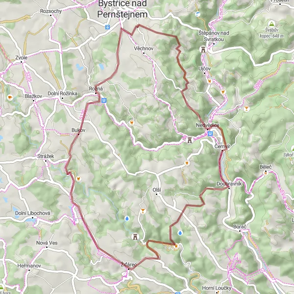 Map miniature of "Scenic Gravel Ride to Bystřice nad Pernštejnem" cycling inspiration in Jihovýchod, Czech Republic. Generated by Tarmacs.app cycling route planner