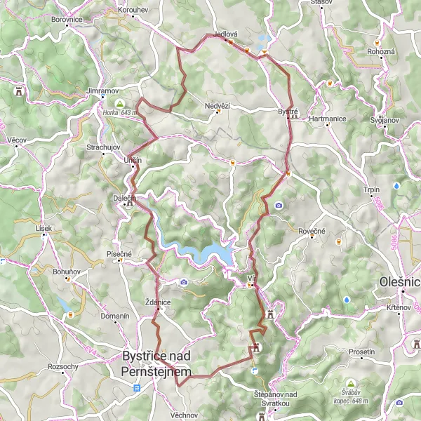 Map miniature of "Bystřice nad Pernštejnem Gravel Adventure" cycling inspiration in Jihovýchod, Czech Republic. Generated by Tarmacs.app cycling route planner