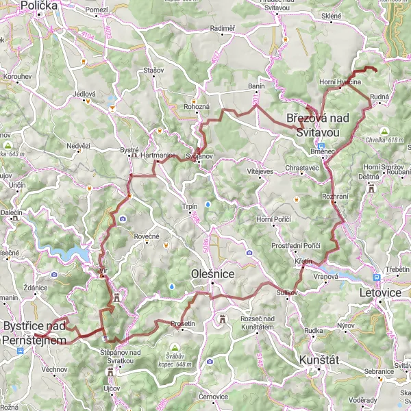 Miniaturní mapa "Gravel Trasa s výzvou, Bystřice nad Pernštejnem" inspirace pro cyklisty v oblasti Jihovýchod, Czech Republic. Vytvořeno pomocí plánovače tras Tarmacs.app