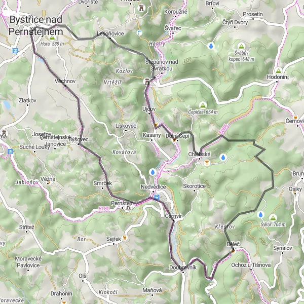 Map miniature of "Picturesque Road Cycling Route to Bystřice nad Pernštejnem" cycling inspiration in Jihovýchod, Czech Republic. Generated by Tarmacs.app cycling route planner