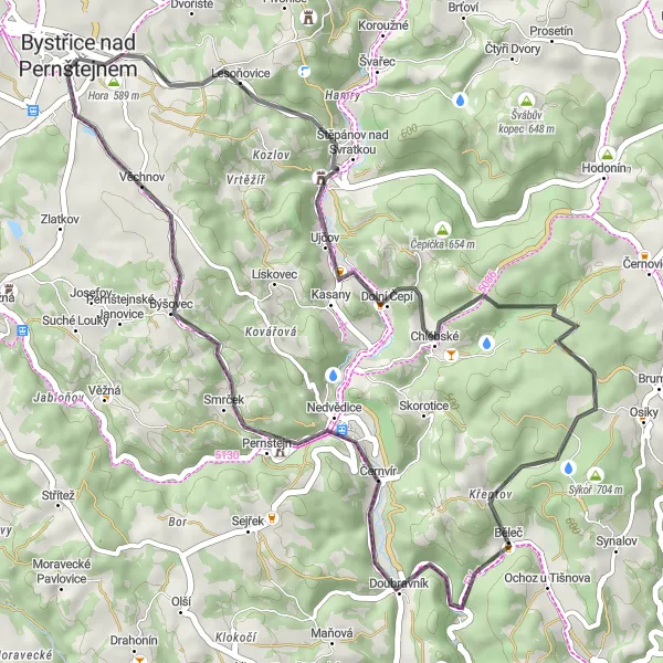 Mapa miniatúra "Okružná cyklotrasa cez Hrádky a Černvír" cyklistická inšpirácia v Jihovýchod, Czech Republic. Vygenerované cyklistickým plánovačom trás Tarmacs.app