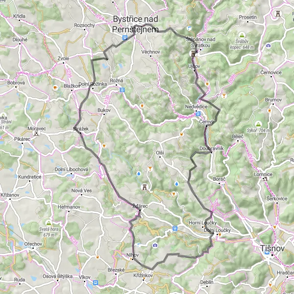 Mapa miniatúra "Road Bystřice nad Pernštejnem - Rodkov" cyklistická inšpirácia v Jihovýchod, Czech Republic. Vygenerované cyklistickým plánovačom trás Tarmacs.app