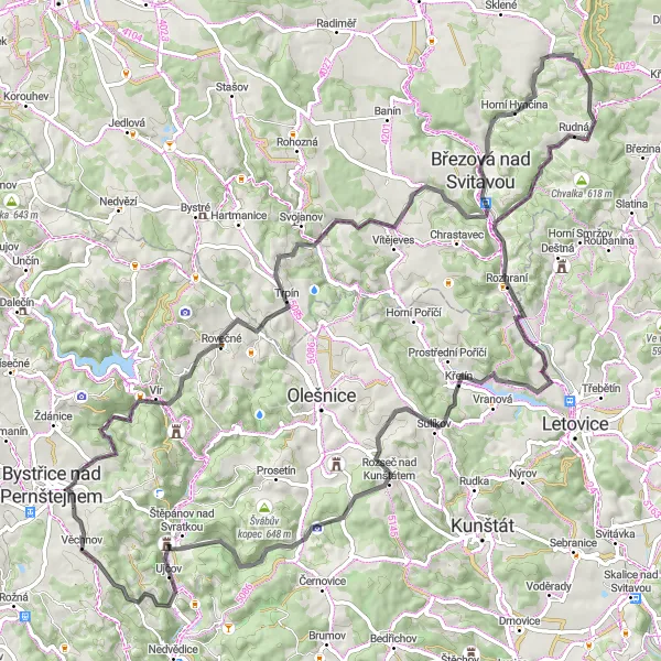 Miniaturní mapa "Náročná cyklistická trasa od Bystřice nad Pernštejnem" inspirace pro cyklisty v oblasti Jihovýchod, Czech Republic. Vytvořeno pomocí plánovače tras Tarmacs.app