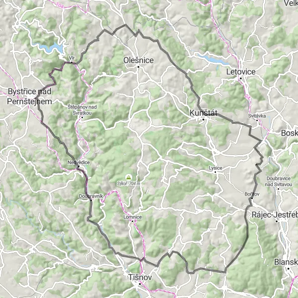 Miniaturní mapa "Okruh přes Road, Bystřice nad Pernštejnem" inspirace pro cyklisty v oblasti Jihovýchod, Czech Republic. Vytvořeno pomocí plánovače tras Tarmacs.app