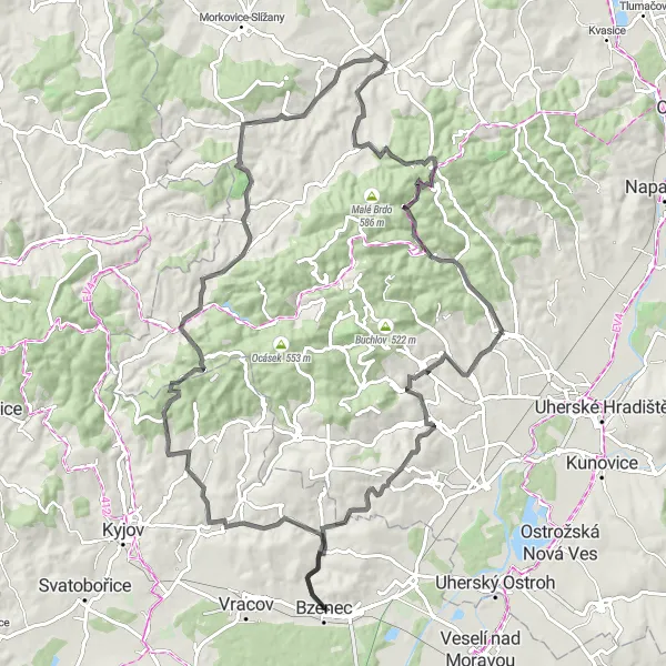 Mapa miniatúra "Cyklotrasa Krúžením Histórie" cyklistická inšpirácia v Jihovýchod, Czech Republic. Vygenerované cyklistickým plánovačom trás Tarmacs.app