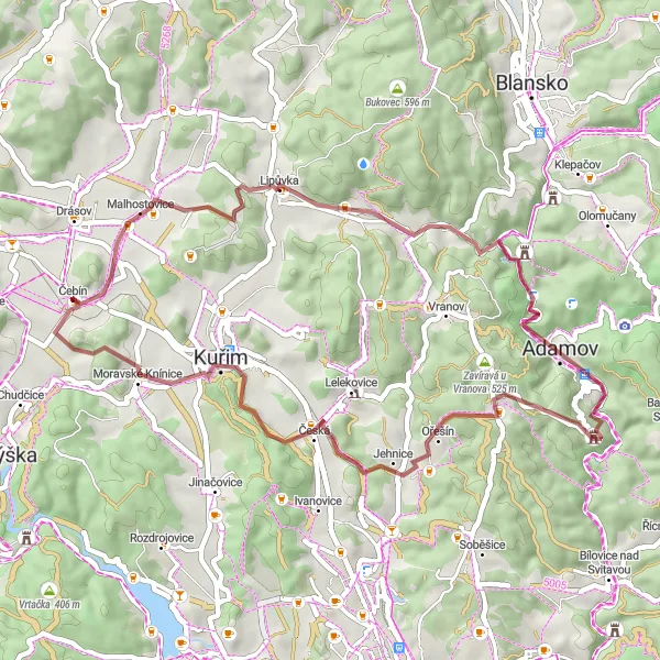 Miniaturní mapa "Gravelová cesta kolem Čebína" inspirace pro cyklisty v oblasti Jihovýchod, Czech Republic. Vytvořeno pomocí plánovače tras Tarmacs.app