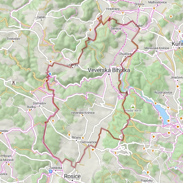 Miniaturní mapa "Lesní zákoutí kolem Veveří" inspirace pro cyklisty v oblasti Jihovýchod, Czech Republic. Vytvořeno pomocí plánovače tras Tarmacs.app