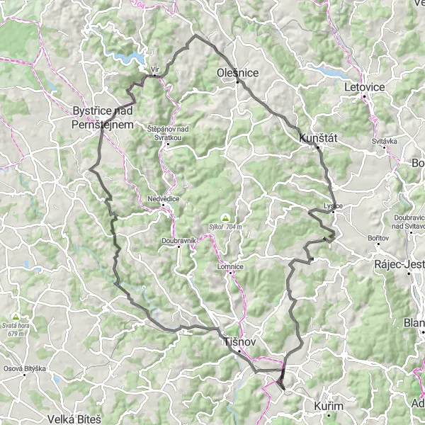 Map miniature of "Čebín Round-trip - Road" cycling inspiration in Jihovýchod, Czech Republic. Generated by Tarmacs.app cycling route planner
