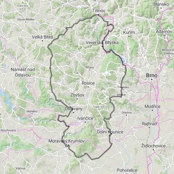 Miniatura mapy "Wycieczka szosowa przez okolice Čebína" - trasy rowerowej w Jihovýchod, Czech Republic. Wygenerowane przez planer tras rowerowych Tarmacs.app