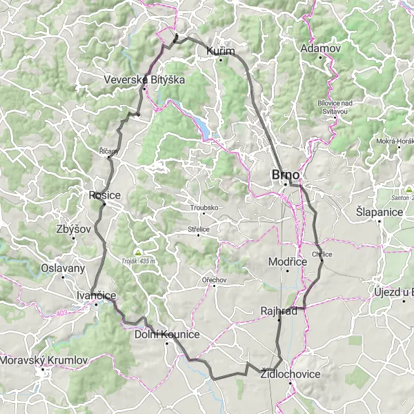 Miniaturní mapa "Road Bike Okliky" inspirace pro cyklisty v oblasti Jihovýchod, Czech Republic. Vytvořeno pomocí plánovače tras Tarmacs.app