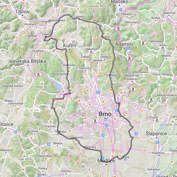 Miniaturní mapa "Okruh kolem Čebína" inspirace pro cyklisty v oblasti Jihovýchod, Czech Republic. Vytvořeno pomocí plánovače tras Tarmacs.app