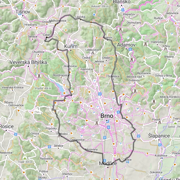 Map miniature of "Čebín Round-trip - Road" cycling inspiration in Jihovýchod, Czech Republic. Generated by Tarmacs.app cycling route planner