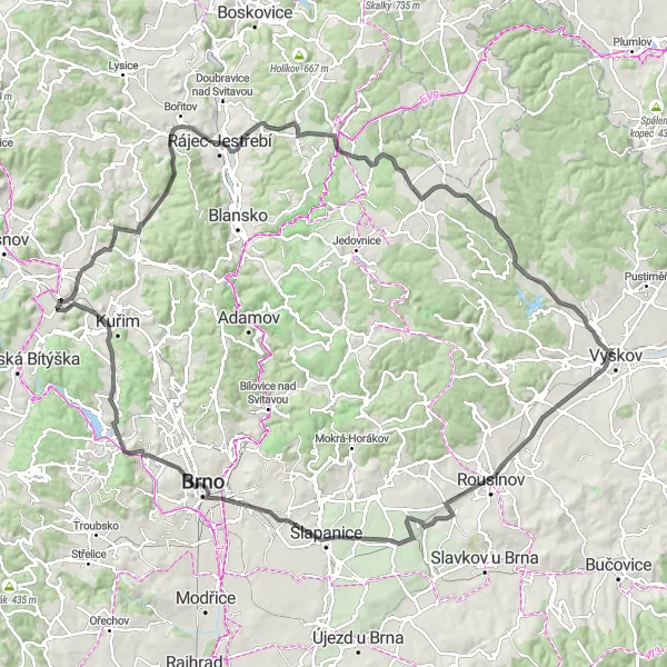 Karten-Miniaturansicht der Radinspiration "Radtour durch die Region Rájec-Jestřebí" in Jihovýchod, Czech Republic. Erstellt vom Tarmacs.app-Routenplaner für Radtouren