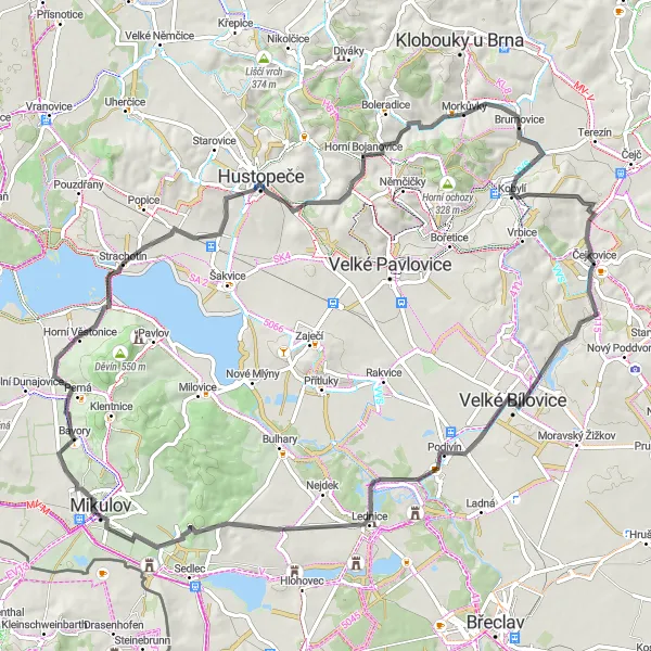 Karten-Miniaturansicht der Radinspiration "Sonnige Aussicht" in Jihovýchod, Czech Republic. Erstellt vom Tarmacs.app-Routenplaner für Radtouren
