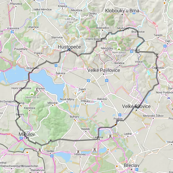 Map miniature of "South Moravia Wine Route" cycling inspiration in Jihovýchod, Czech Republic. Generated by Tarmacs.app cycling route planner