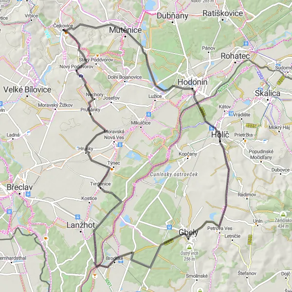 Miniaturní mapa "Mutěnice a okolí - Road" inspirace pro cyklisty v oblasti Jihovýchod, Czech Republic. Vytvořeno pomocí plánovače tras Tarmacs.app