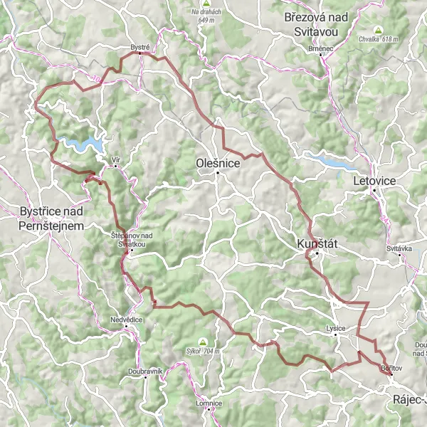 Karten-Miniaturansicht der Radinspiration "Abenteuerliche Fahrt durch die Natur" in Jihovýchod, Czech Republic. Erstellt vom Tarmacs.app-Routenplaner für Radtouren