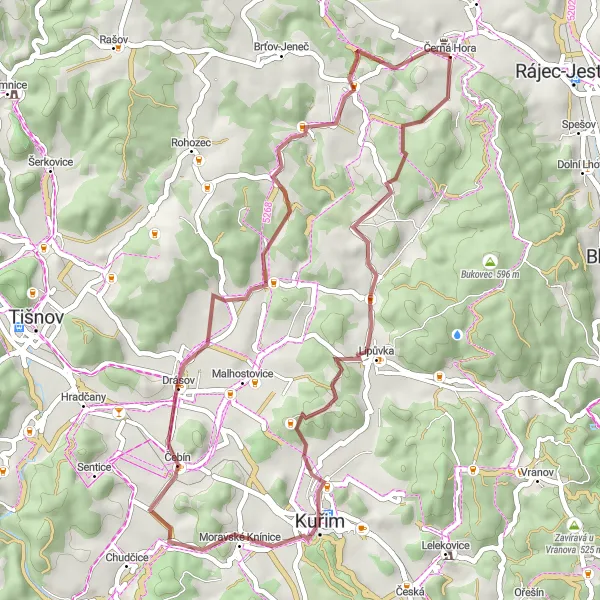 Miniaturní mapa "Gravelová cyklotrasa Lipůvka - Černá Hora" inspirace pro cyklisty v oblasti Jihovýchod, Czech Republic. Vytvořeno pomocí plánovače tras Tarmacs.app
