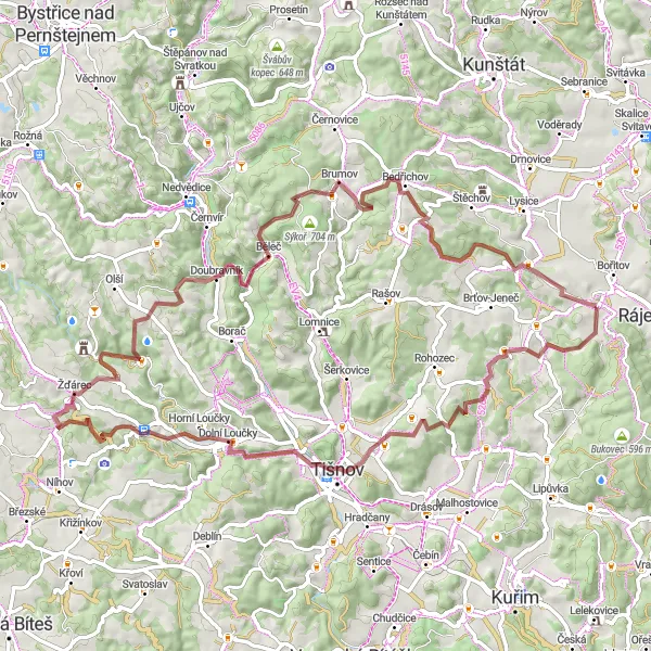 Miniaturní mapa "Gravelová cyklistická trasa Hluboké Dvory - Černá Hora" inspirace pro cyklisty v oblasti Jihovýchod, Czech Republic. Vytvořeno pomocí plánovače tras Tarmacs.app