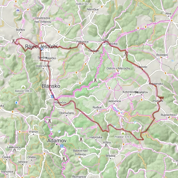 Miniaturní mapa "Gravel Trasa Černá Hora - Podomí - Spešovská rozhledna" inspirace pro cyklisty v oblasti Jihovýchod, Czech Republic. Vytvořeno pomocí plánovače tras Tarmacs.app