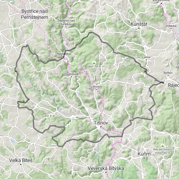 Miniaturní mapa "Cyklotrasa Černá Hora - Nedvědice - Býkovice" inspirace pro cyklisty v oblasti Jihovýchod, Czech Republic. Vytvořeno pomocí plánovače tras Tarmacs.app