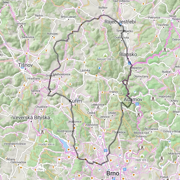 Map miniature of "Hora Circuit Road Bike Route" cycling inspiration in Jihovýchod, Czech Republic. Generated by Tarmacs.app cycling route planner