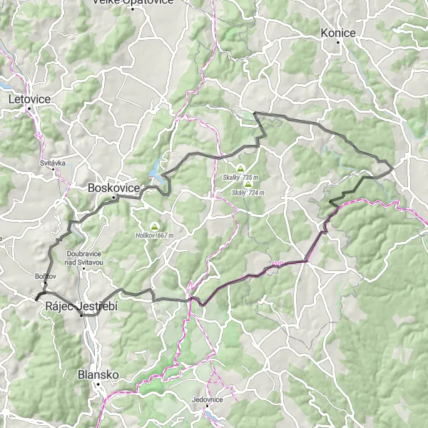 Miniaturní mapa "Road Trasa Černá Hora - Rájec nad Svitavou Château - Hora" inspirace pro cyklisty v oblasti Jihovýchod, Czech Republic. Vytvořeno pomocí plánovače tras Tarmacs.app