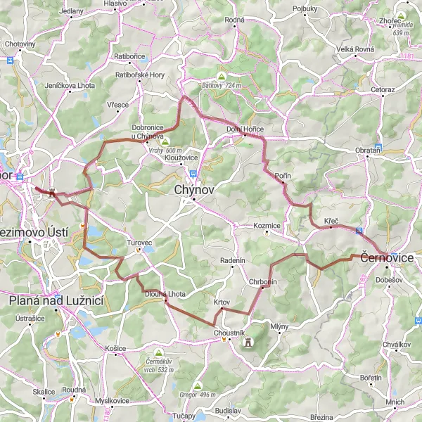 Mapa miniatúra "Gravelova trasa Blaník" cyklistická inšpirácia v Jihovýchod, Czech Republic. Vygenerované cyklistickým plánovačom trás Tarmacs.app