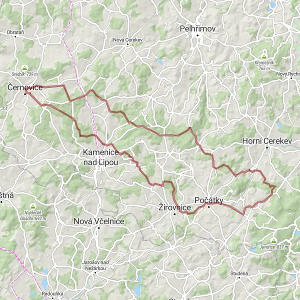Mapa miniatúra "Okruh Drahoňov" cyklistická inšpirácia v Jihovýchod, Czech Republic. Vygenerované cyklistickým plánovačom trás Tarmacs.app