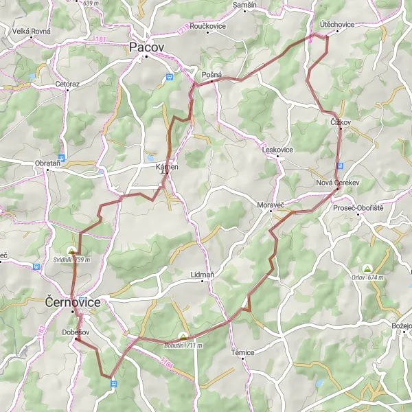 Miniatura mapy "Trasa Svidník - Kámen - Pošná - Vršík - Kobyla - Čížkov - Bohutín - Rytov" - trasy rowerowej w Jihovýchod, Czech Republic. Wygenerowane przez planer tras rowerowych Tarmacs.app
