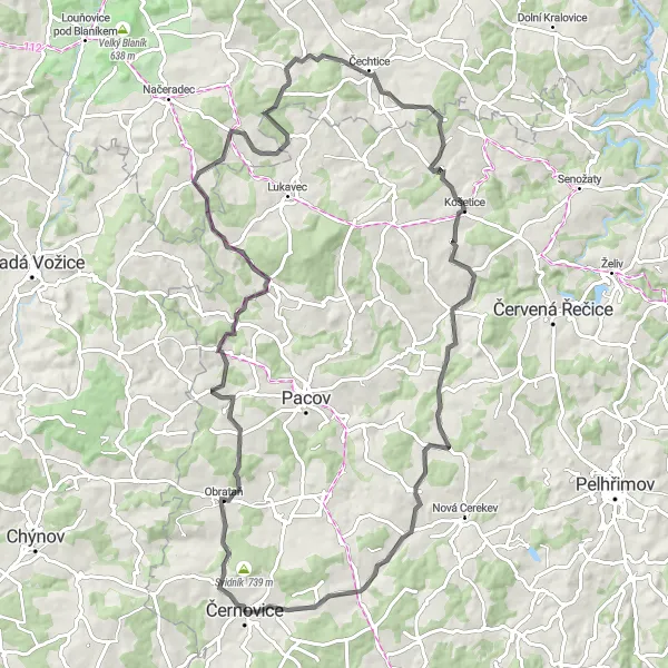 Karten-Miniaturansicht der Radinspiration "Ausgedehnte Road Tour um Černovice" in Jihovýchod, Czech Republic. Erstellt vom Tarmacs.app-Routenplaner für Radtouren