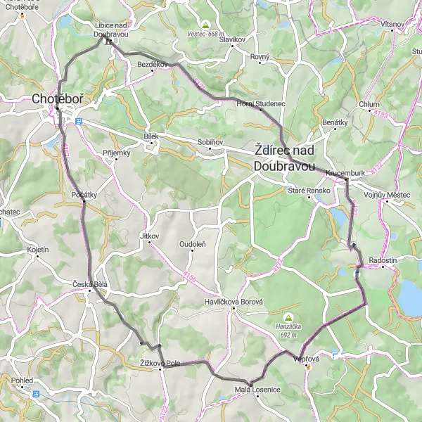 Map miniature of "Chotěboř Road Loop" cycling inspiration in Jihovýchod, Czech Republic. Generated by Tarmacs.app cycling route planner