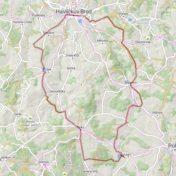 Miniatura mapy "Szlak rowerowy w terenie gruzowym w pobliżu Dobronína" - trasy rowerowej w Jihovýchod, Czech Republic. Wygenerowane przez planer tras rowerowych Tarmacs.app