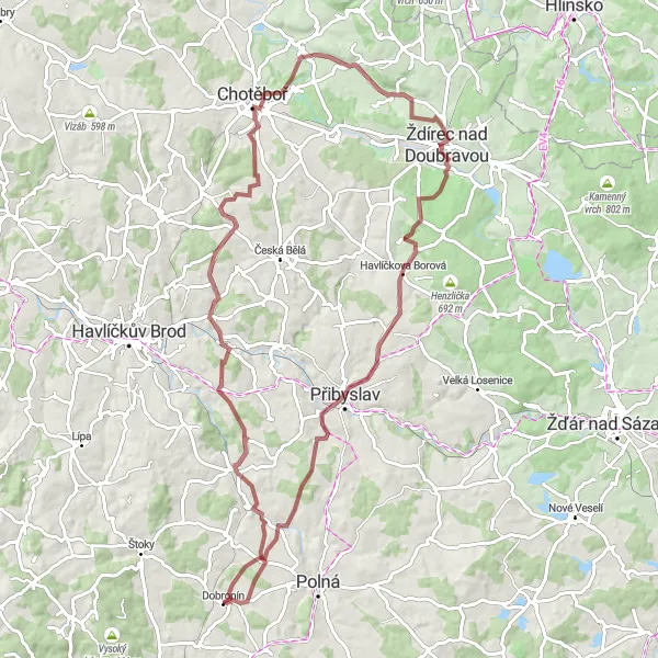 Mapa miniatúra "Gravel trasa Bartoušov-Jankův kopec" cyklistická inšpirácia v Jihovýchod, Czech Republic. Vygenerované cyklistickým plánovačom trás Tarmacs.app